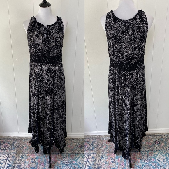 Bila Maxi Dress Sz XL Black Handkerchief Hem Floral Gauze Boho 90s Style Flowy - Picture 1 of 16